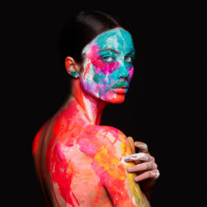A model with colorful paint strokes on her face and body, creating a contrast with the dark background.