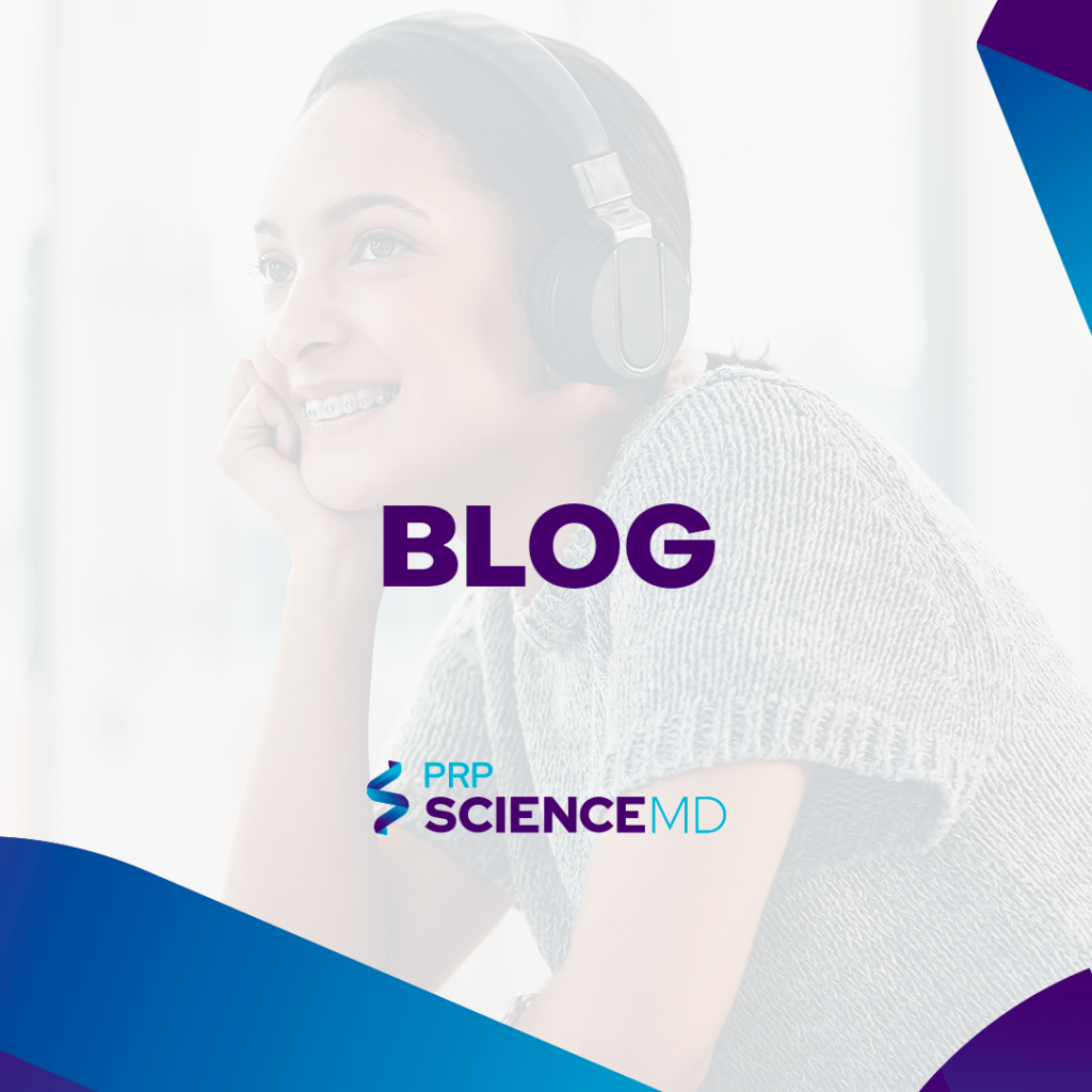 A joyful woman with headphones on, representing the engaging and informative content found on the PRP Science MD blog