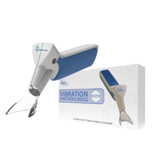 Vibration anesthesia device with its packaging by Blaine Labs.