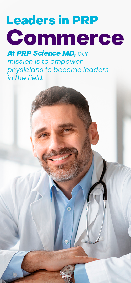 onfident male doctor with a stethoscope around his neck smiling at the camera with text overlay about PRP Commerce.