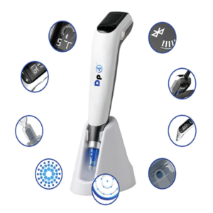 DP4 skincare device with various function indicators and attachments highlighted around it.