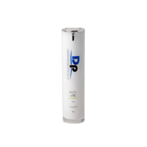 A tall cylindrical bottle of DP Dermaceuticals BRITE LITE serum with a silver top