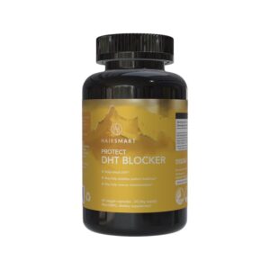 A black bottle of HairSmart Protect DHT Blocker dietary supplement with a yellow label featuring mountain graphics