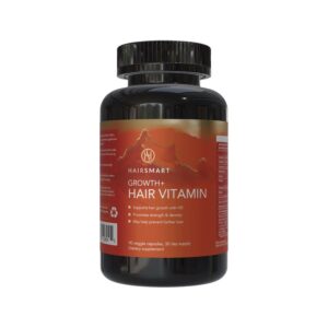 A black bottle of HairSmart Growth+ Hair Vitamin dietary supplement with red label detailing benefits and ingredients.
