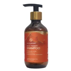 A pump bottle of HairSmart R.S.H. Therapy Shampoo with mountain imagery on the label