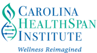 "Logo of Carolina Healthspan Institute featuring a green and blue DNA strand intertwined with a leaf, symbolizing the blend of nature and science. The institute's name is presented in a bold serif font above the tagline 'Wellness Reimagined Leaders in PRP Commerce