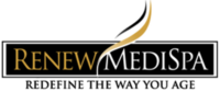 Renew MediSpa logo with a stylish, abstract feather-like swoosh in gold and dark gray above the brand name. The tagline 'REDEFINE THE WAY YOU AGE' is in a sleek font below, suggesting a focus on anti-aging and rejuvenation services. Leaders in PRP Commerce