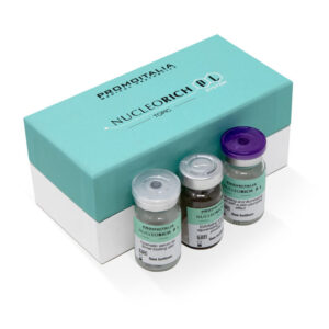 Three vials of PROMOITALIA NUCLEORICH topical solution in front of a turquoise box with product branding.