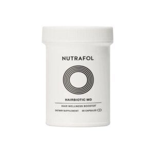 A container of Nutrafol Hairbiotic MD dietary supplement with 30 capsules