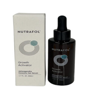 A bottle of Nutrafol Growth Activator hair serum with a dropper, alongside its packaging box with product information