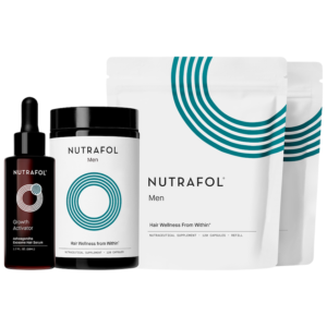 Nutrafol Men's Dual Action MD System, featuring a bottle of hair supplement capsules and a dropper bottle of Growth Activator serum alongside refill pouches.