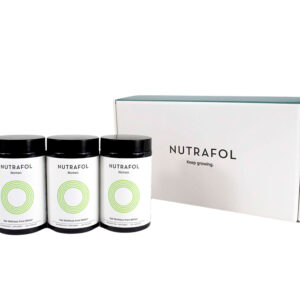 Three bottles of Nutrafol Women dietary supplements in front of their packaging with the tagline "Keep growing.