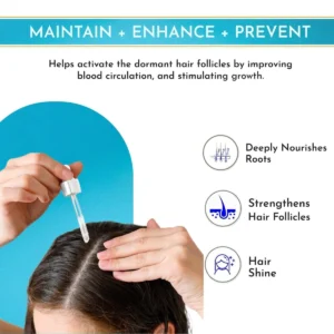 A graphic displaying a person applying a hair treatment oil with a dropper to the scalp. Icons illustrate the benefits: deep root nourishment, strengthened hair follicles, and enhanced shine.