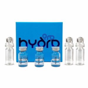 Three vials of a clear liquid with a blue product box labeled 'hydro pro' in the background.