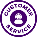 Icon of a customer service seal in purple and white, featuring an illustration of a person with a headset in the center, encircled by the words 'CUSTOMER SERVICE Leaders in PRP Commerce