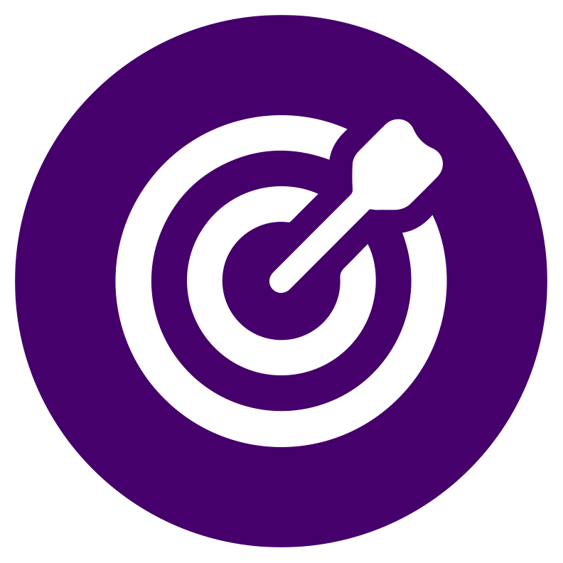 A purple logo featuring a dart centered on a target. Leaders in PRP Commerce