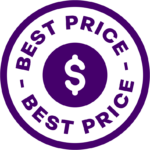 Seal of Best Price Guarantee in purple featuring a central dollar sign, with the words 'BEST PRICE' repeated twice around the border. Leaders in PRP Commerce