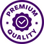 A purple badge with the words "PREMIUM QUALITY" encircling a checkmark inside a gear symbol. Leaders in PRP Commerce