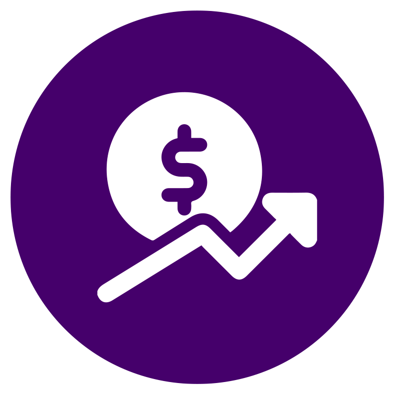 A purple logo depicting a rising arrow and dollar sign symbolizing financial growth. Leaders in PRP Commerce