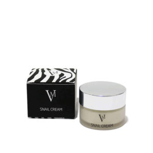 A jar of snail cream next to its packaging box with a zebra pattern and the logo 'VM'