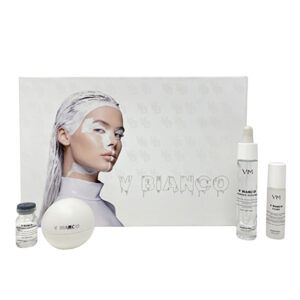A promotional image featuring a skincare line called V BIANCO, with a model, a white cream jar, a dropper bottle, and a smaller skincare bottle