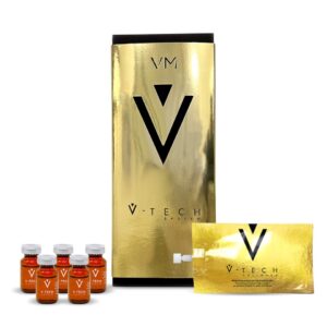 V TECH skincare system with golden packaging and multiple vials of red serum