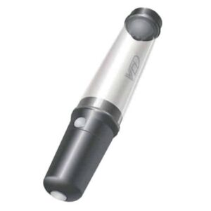 A metallic flashlight with a black grip and a transparent cap at the top end, displaying the letters VED on its side.
