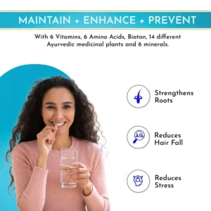 A smiling woman holding a glass of water, with HairSmart repair vitamin benefits listed above.