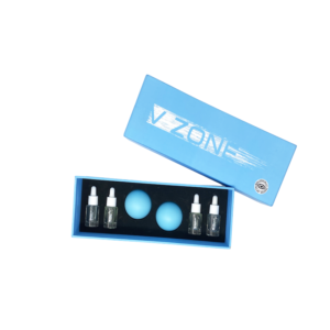 V ZONE skincare set with serums and blue spheric applicators in a blue box