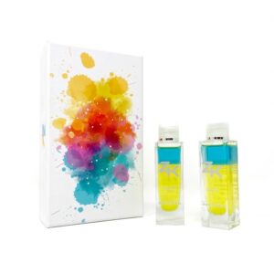Colorful packaging of ZK Face Serum with two serum bottles.