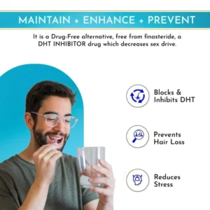 A smiling man with glasses takes a pill while holding a glass of water. Icons below highlight benefits: Blocks and inhibits DHT, prevents hair loss, and reduces stress.