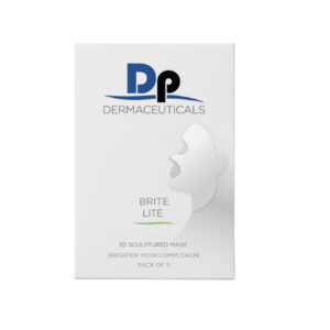 A box of DP Dermaceuticals Brite Lite 3D facial sculpting masks. The packaging is white with a silhouette of a mask on the front and blue and green branding elements.