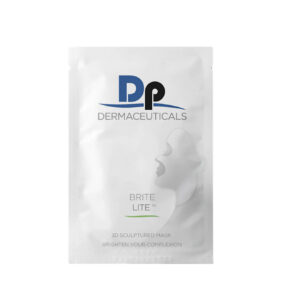 A box of DP Dermaceuticals Brite Lite 3D facial sculpting masks. The packaging is white with a silhouette of a mask on the front and blue and green branding elements.