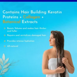 Woman showcasing her wet, long hair with HairSmart conditioner's benefits listed.