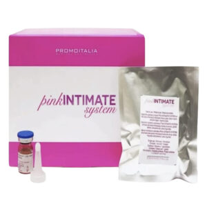 A package of Promoitallia's Pink Intimate System, an intimate skin brightening solution, with a vial, applicator, and a sealed pouch.