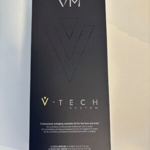A sleek black packaging with a metallic V-shaped logo and the text "V-TECH SYSTEM, Professional antiaging cosmetic kit for the face and body."