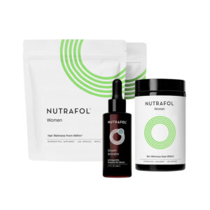 Nutrafol Women's Dual Action MD System, with one bottle of supplements, one serum dropper, and two refill pouches.