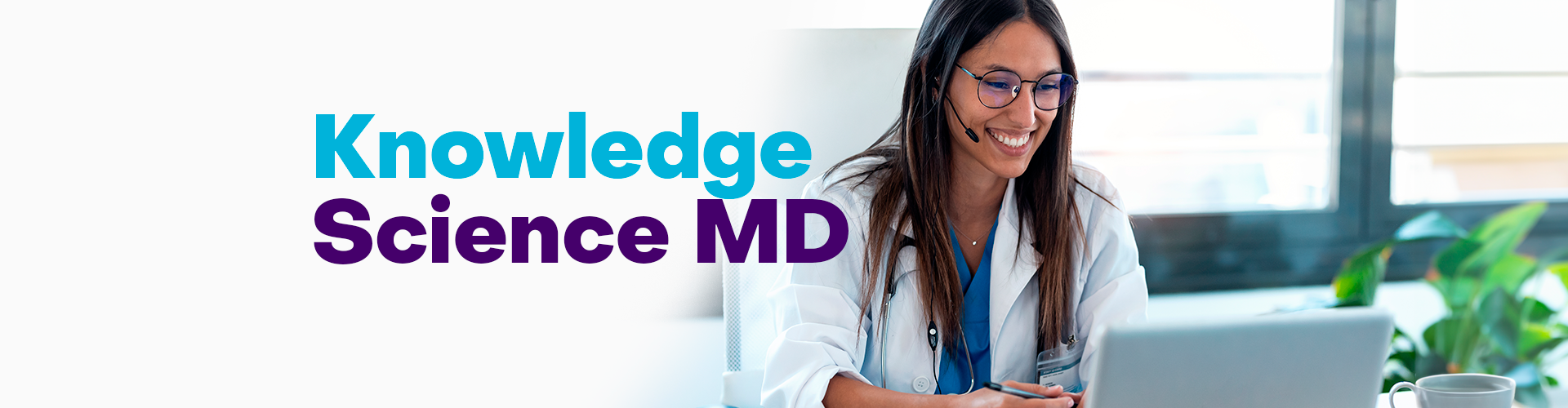 A smiling medical professional using a laptop, with the text 'Knowledge Science MD' suggesting expertise in PRP Therapy Solutions.