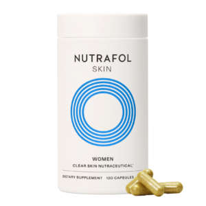A bottle of Nutrafol Skin for Women dietary supplement with 120 capsules.