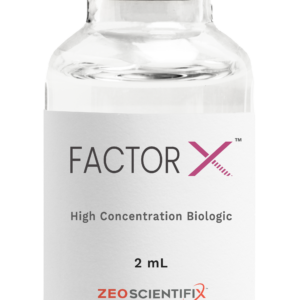 A clear glass vial with a silver cap, labeled "FACTOR X, High Concentration Biologic, 2 mL" from ZEO ScientifiX.