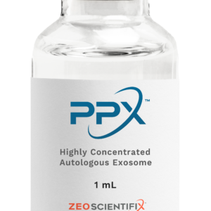 A clear glass vial with a metallic silver cap, labeled "PPX™, Highly Concentrated Autologous Exosome, 1 mL" by ZEO ScientifiX.