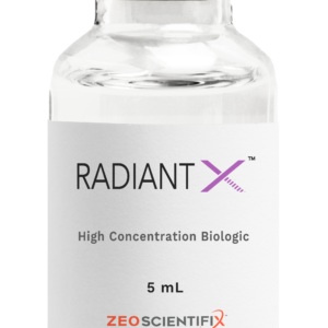 A transparent glass vial labeled "RADIANT X, High Concentration Biologic, 5 mL" with a metallic silver cap, from ZEO ScientifiX.