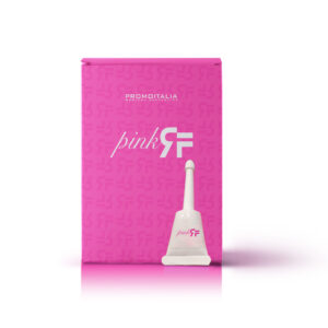 A product packaging box with a vibrant pink background featuring the Promotalia brand logo and the text "pinkRF" alongside a white product applicator with the same branding.