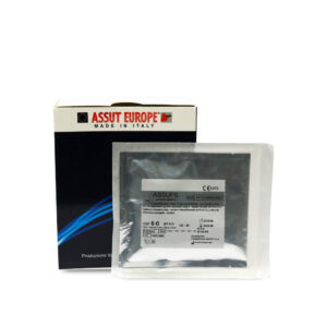 Packaging of Assufil Monofilamento surgical sutures by Assut Europe with a sterile suture packet in front of its box.